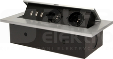 OR-AE-1324/G 3xUSB 2x2P+Z srebrny Gniazdo wpuszczane w blat