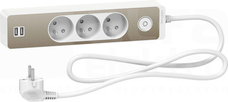 ODACE 2xUSB 1,5m biały/szczotkowany brąz Przedłużacz 3-gniazdowy z łącznikiem
