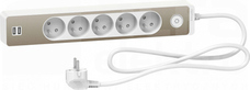 ODACE 2xUSB 1,5m biały/szczotkowany brąz Przedłużacz 5-gniazdowy z łącznikiem