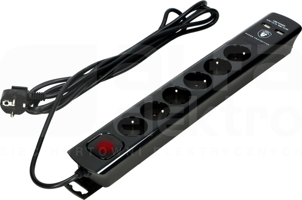 OR-AE-13163/B/3M 6x2P+Z 2xUSB 3mb 3x1,0 CZARNY Listwa przeciwprzepięciowa