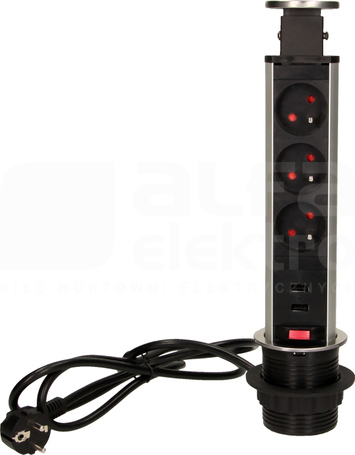 OR-AE-1350 3x2P+Z USBx2 6cm 1,8m INOX Gniazdo meblowe wysuw.z blatu blok.