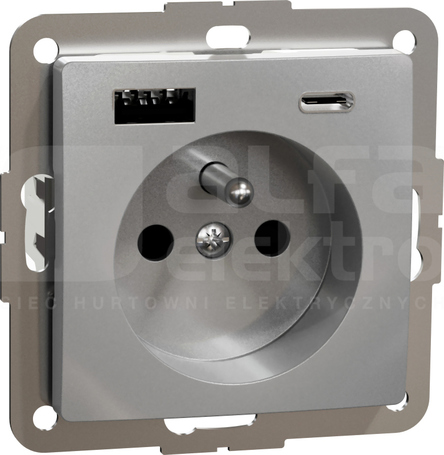 SEDNA DESIGN 2P+Z z USB A+C 3A srebrne aluminium Gniazdo sieciowe zaciski bezgwintowe