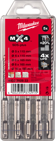 MX4 SDS Plus (5szt) Zestaw wierteł udarowych 4-ostrzowych