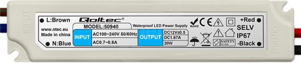 LED 20W 12VDC 1 6A 220-240VAC IP67 OUT 1 Zasilacz impulsowy