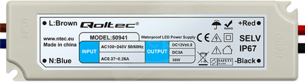 LED 36W 12VDC 3A 220-240VAC IP67 -20-60°C Zasilacz impulsowy