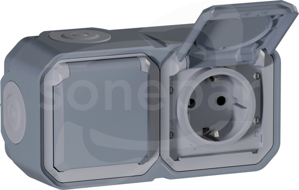 NOWE PLEXO GNIAZDO SCH 2X2P+Z  16A 250V szary Gniazdo schuko poziome komplet natynkowy
