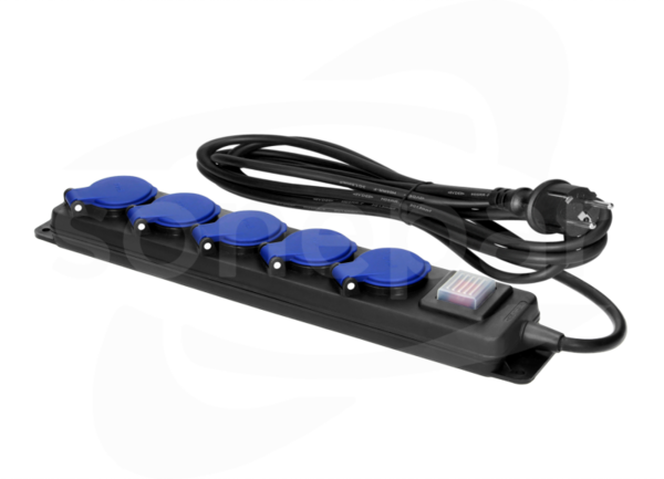 5 gniazd 2P+Z, IP44, guma H05RR-F 3x1,5 5m Przedłuczacz ip44