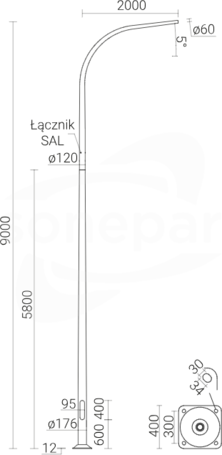 SAL-9-WŁ 1/2,0/3,2/5  E 0,6m Słup ALU 9,0m 1R anod.oliwk.elastomer