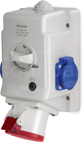 32A 400V 3P+Z+N, 2x230V, W0-1 Gniazdo z wyłącznikiem