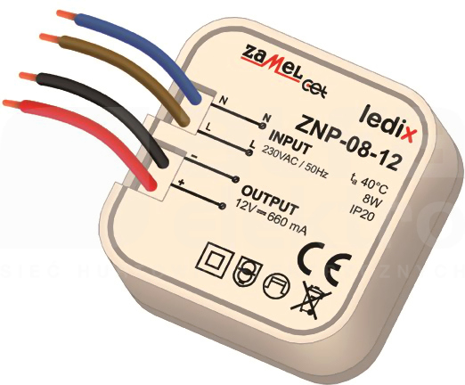 ZNP-08-12 12VDC 8W Zasilacz LED dopuszkowy