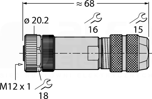 FW-M12KU5W-G-ZF-ME-SH-9 M12 5P Wtyk żeński prosty