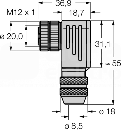 BMWS8251-8,5 M12 5P Wtyk żeński kątowy