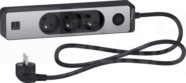 ODACE 2xUSB 1,5m antracyt/szczotkowane aluminium Przedłużacz 3-gniazdowy z łącznikiem