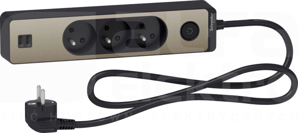 ODACE 2xUSB 1,5m antracyt/szczotkowany brąz Przedłużacz 3-gniazdowy z łącznikiem