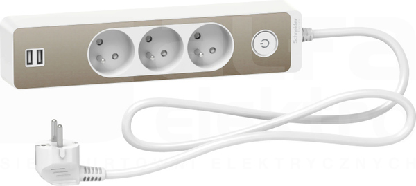 ODACE 2xUSB 1,5m biały/szczotkowany brąz Przedłużacz 3-gniazdowy z łącznikiem