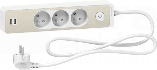 ODACE 2xUSB 1,5m biały/drewno nordic Przedłużacz 3-gniazdowy z łącznikiem