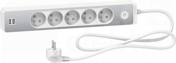 ODACE 2xUSB 1,5m biały/szczotkowane aluminium Przedłużacz 5-gniazdowy z łącznikiem