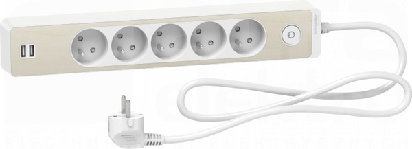 ODACE 2xUSB 1,5m biały/drewno nordic Przedłużacz 5-gniazdowy z łącznikiem
